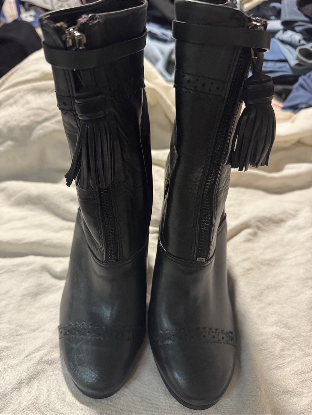 Tory Burch Black Leather Tassel Ankle Boots